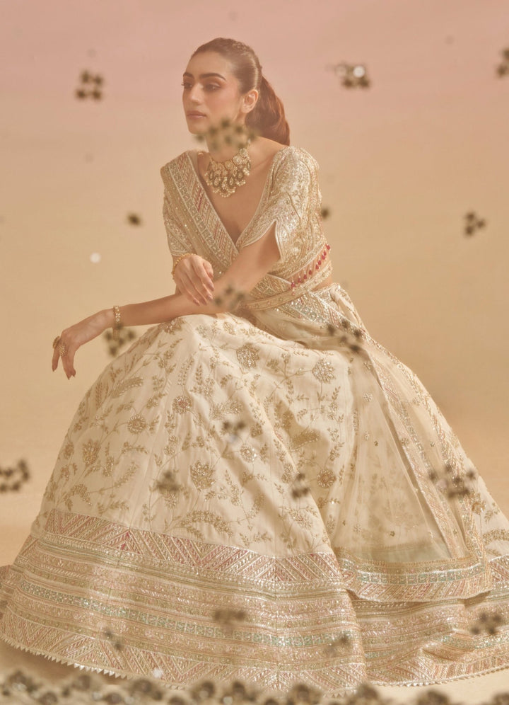 Ivory and Gold Embroidered Bridal Raw Silk Lehenga Set Studio Iris - Fabilicious Fashion