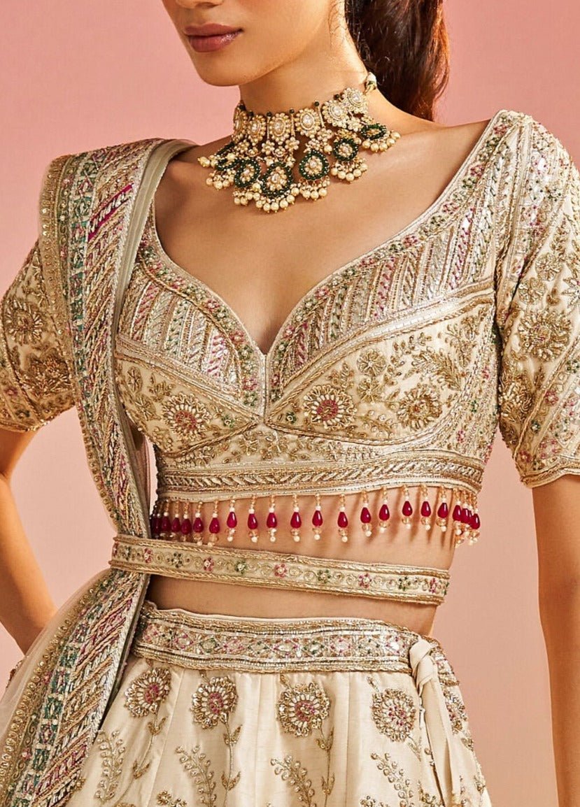 Ivory and Gold Embroidered Bridal Raw Silk Lehenga Set Studio Iris - Fabilicious Fashion