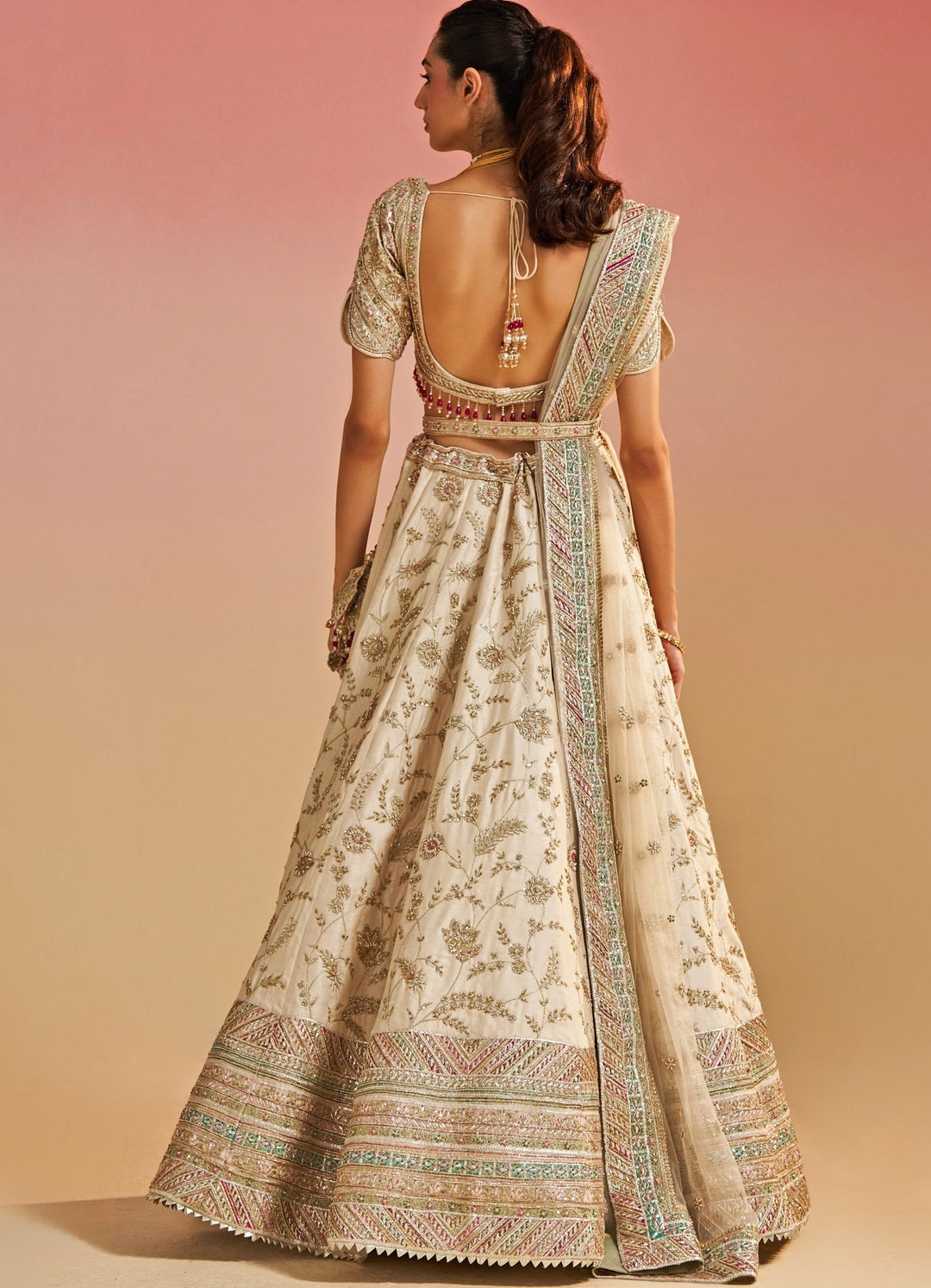 Ivory and Gold Embroidered Bridal Raw Silk Lehenga Set Studio Iris - Fabilicious Fashion