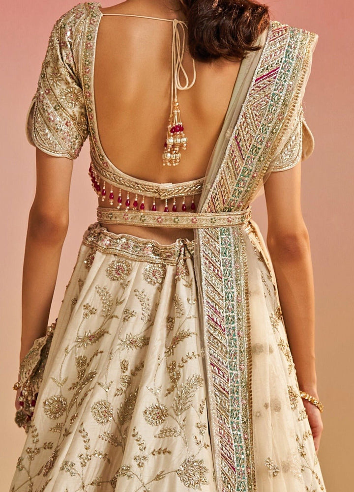 Ivory and Gold Embroidered Bridal Raw Silk Lehenga Set Studio Iris - Fabilicious Fashion