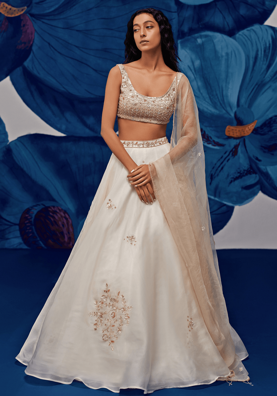 Ivory and Gold Embroidered Lehenga Set Zoon Tribe - Fabilicious Fashion