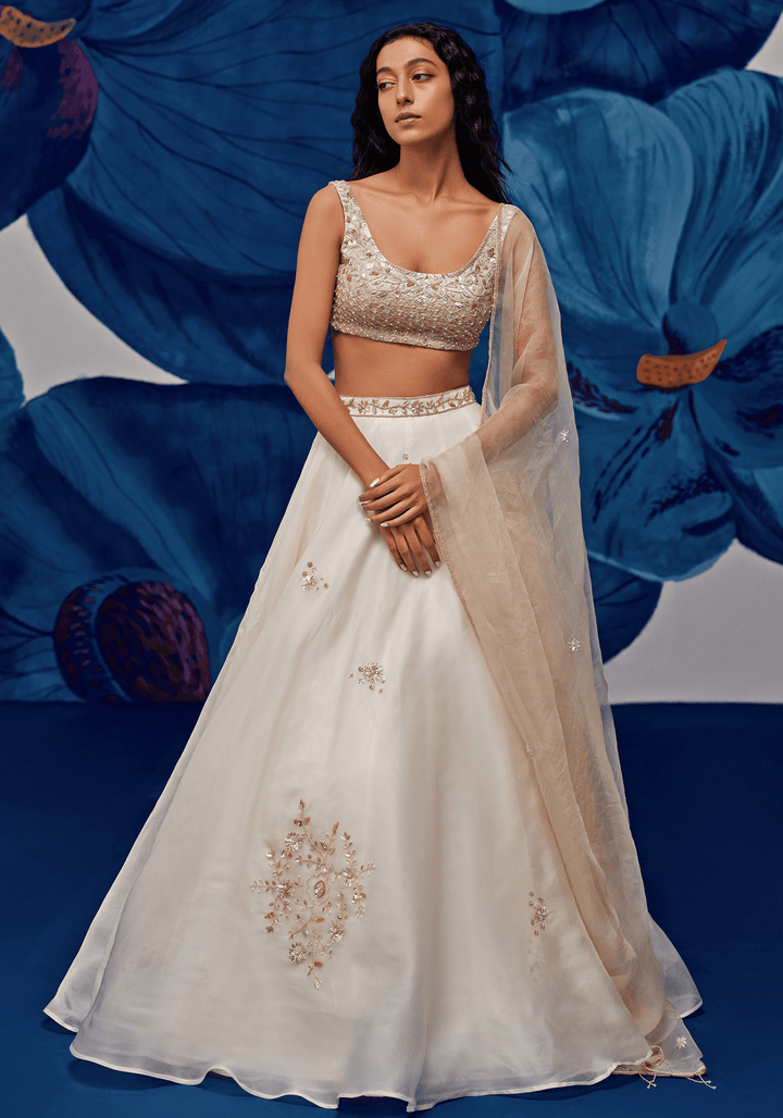 Ivory and Gold Embroidered Lehenga Set Zoon Tribe - Fabilicious Fashion