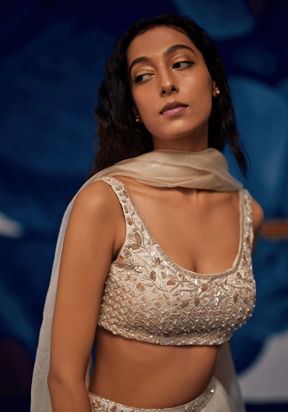 Ivory and Gold Embroidered Lehenga Set Zoon Tribe - Fabilicious Fashion