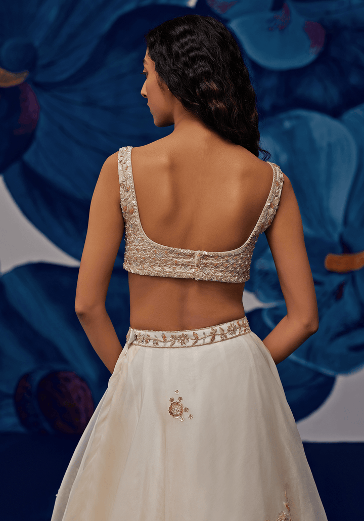 Ivory and Gold Embroidered Lehenga Set Zoon Tribe - Fabilicious Fashion