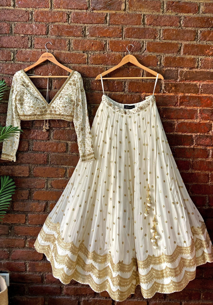 Ivory And Gold Georgette Lehenga Set Priti Sahni - Fabilicious Fashion