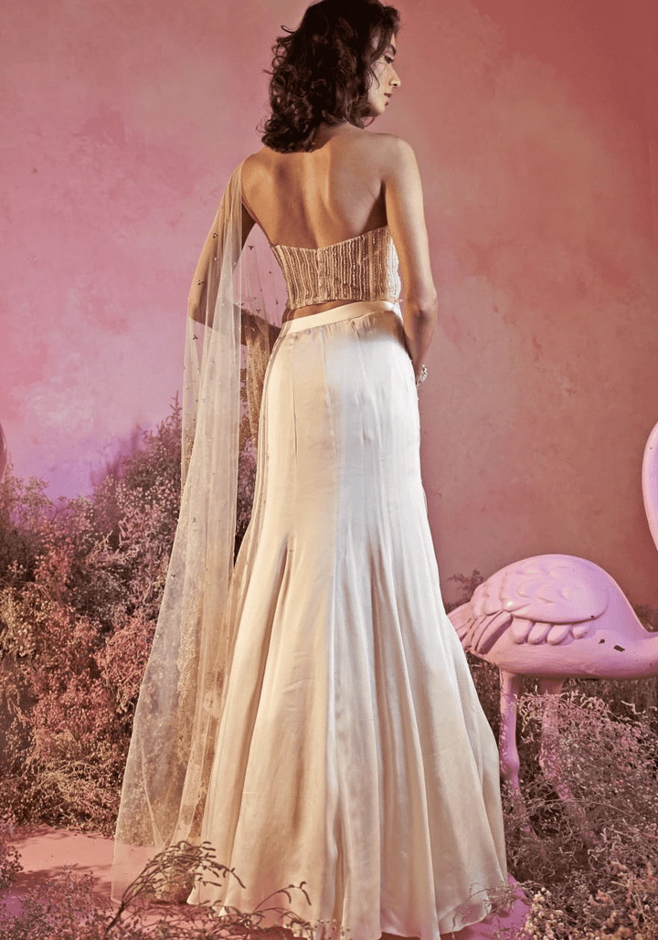 Ivory and Gold Lehenga Corset Saree With Leaf Motifs Parul Gandhi - Fabilicious Fashion
