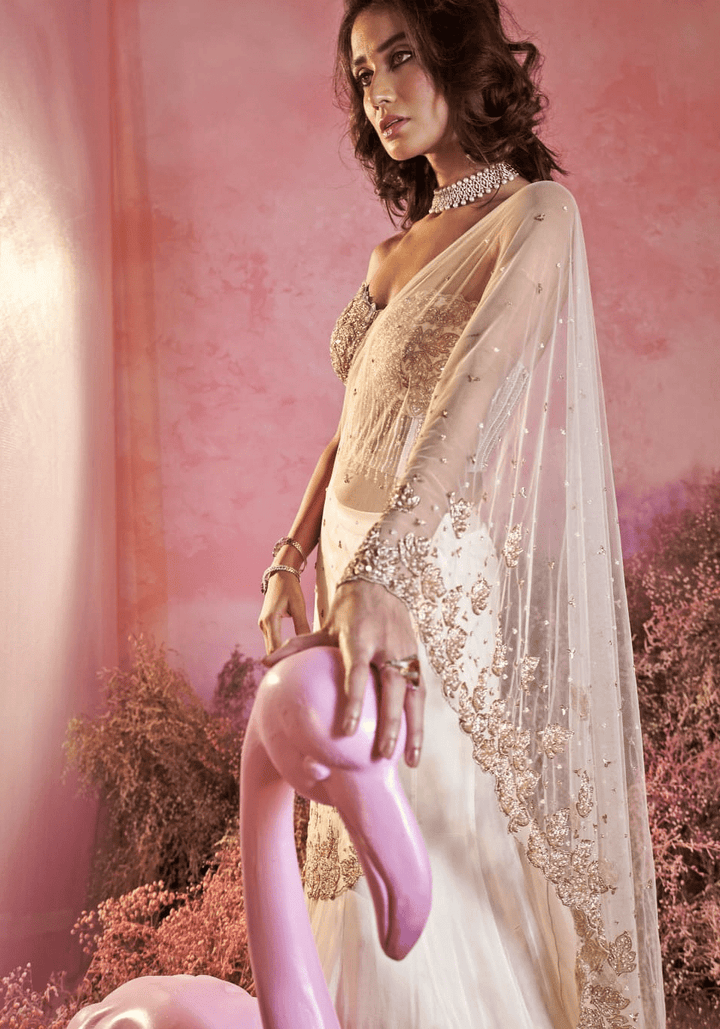 Ivory and Gold Lehenga Corset Saree With Leaf Motifs Parul Gandhi - Fabilicious Fashion