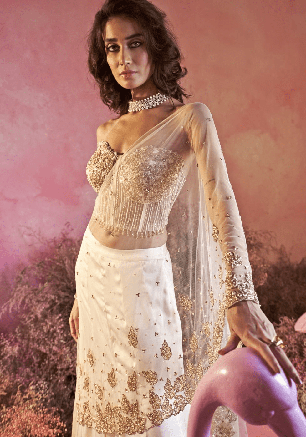 Ivory and Gold Lehenga Corset Saree With Leaf Motifs Parul Gandhi - Fabilicious Fashion