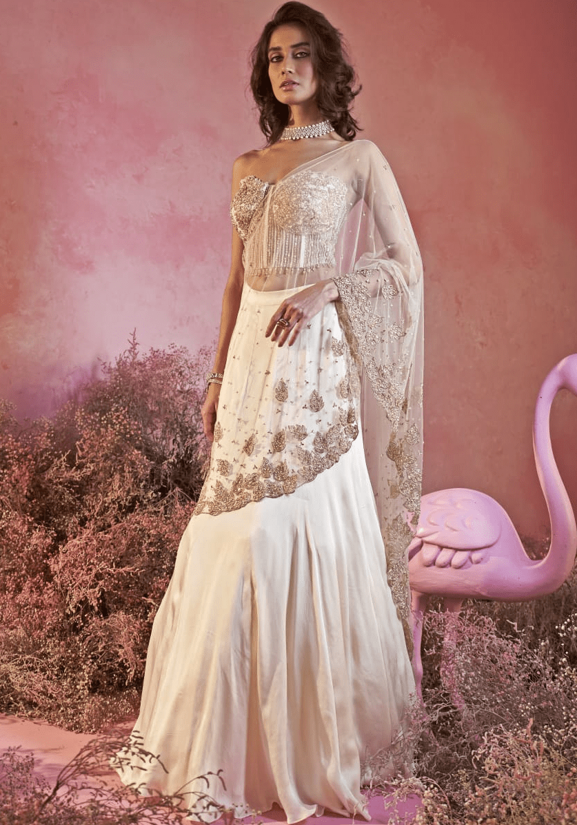 Ivory and Gold Lehenga Corset Saree With Leaf Motifs Parul Gandhi - Fabilicious Fashion
