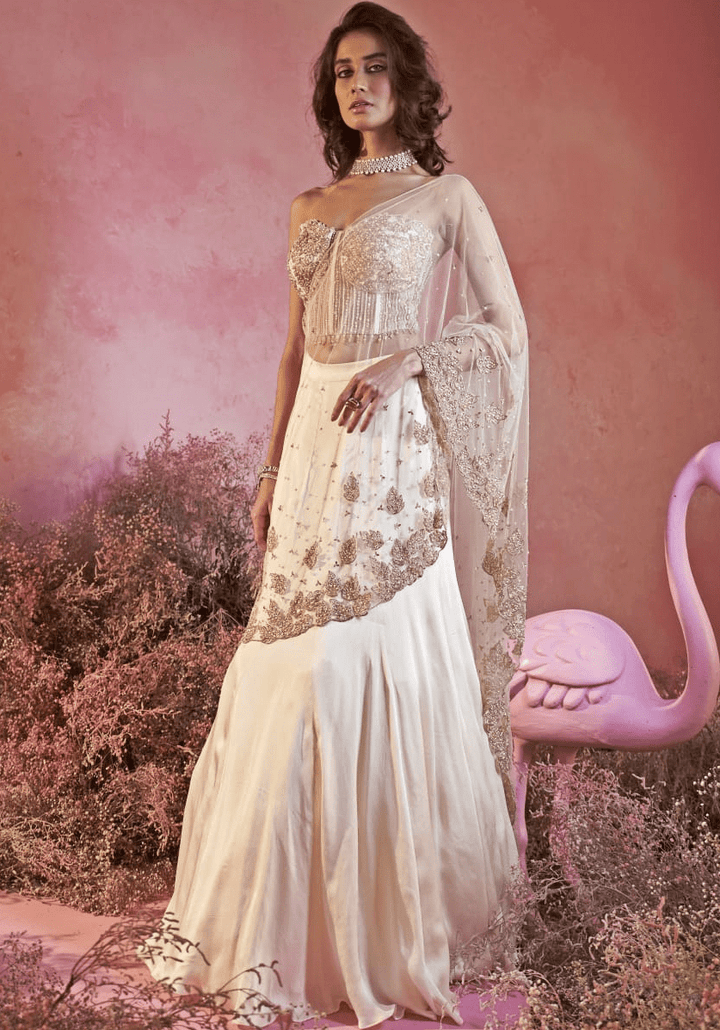 Ivory and Gold Lehenga Corset Saree With Leaf Motifs Parul Gandhi - Fabilicious Fashion