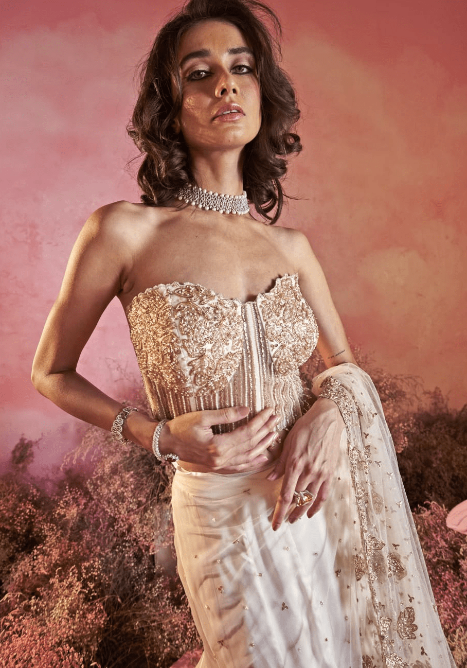 Ivory and Gold Lehenga Corset Saree With Leaf Motifs Parul Gandhi - Fabilicious Fashion