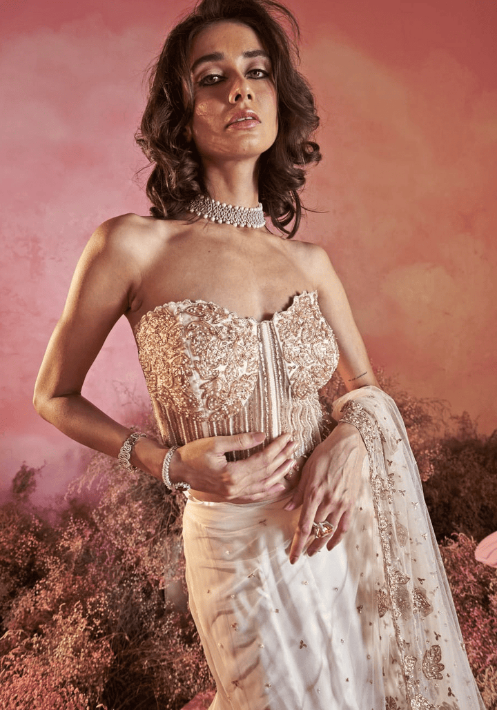Ivory and Gold Lehenga Corset Saree With Leaf Motifs Parul Gandhi - Fabilicious Fashion