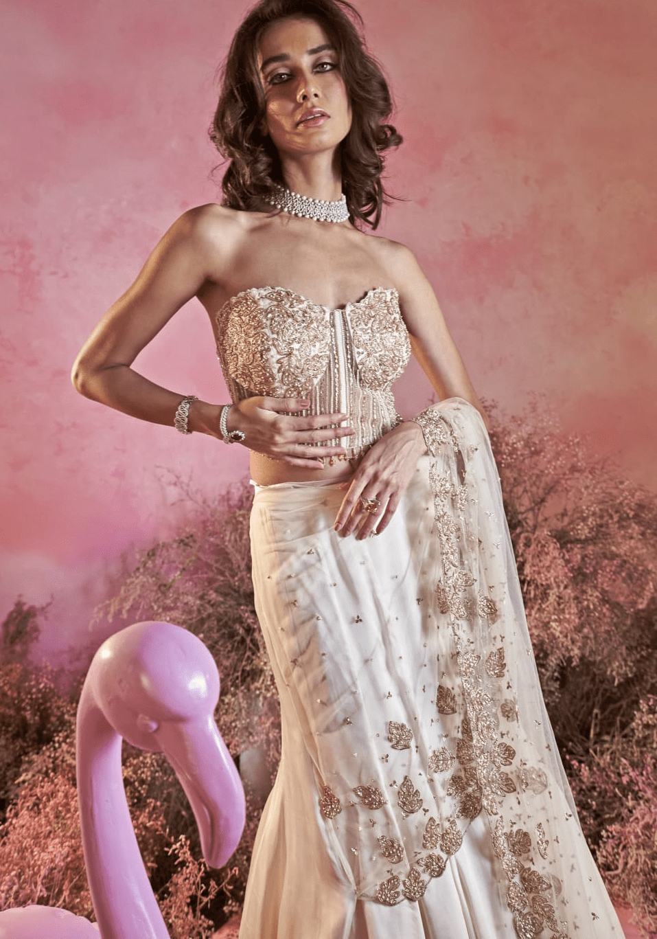 Ivory and Gold Lehenga Corset Saree With Leaf Motifs Parul Gandhi - Fabilicious Fashion