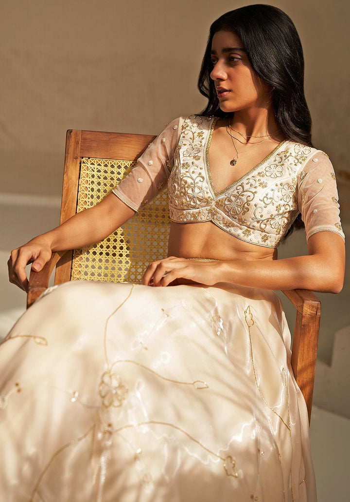 Ivory And Gold Metallic Organza Lehenga Set Zoon Tribe - Fabilicious Fashion