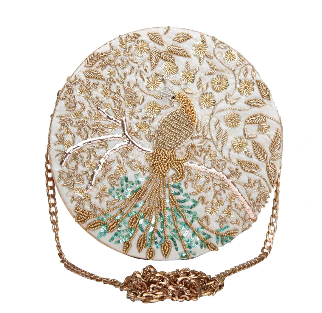 Ivory and Gold Peacock Bag The Purple Sack - Fabilicious Fashion