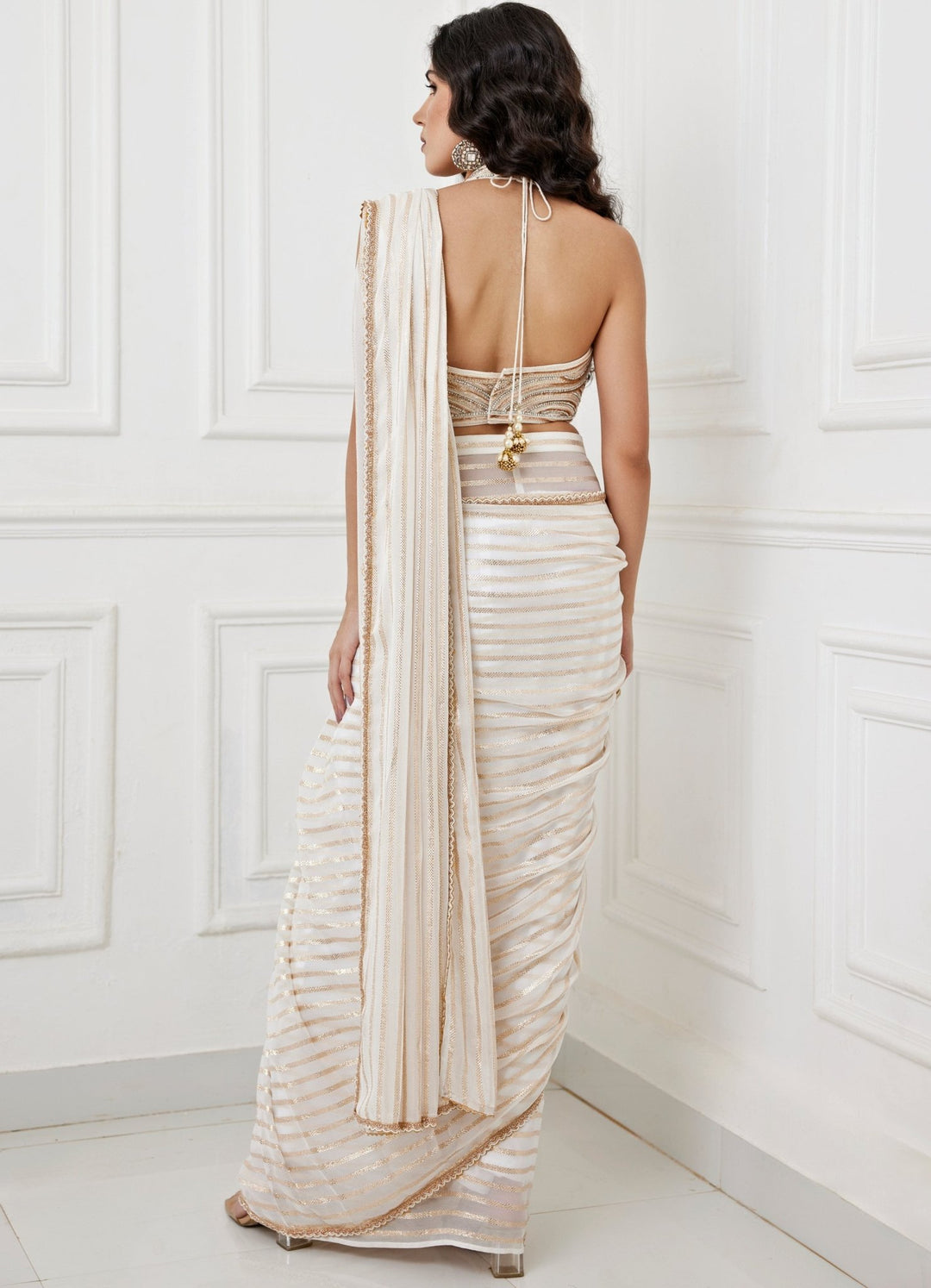 Ivory and Gold Predraped Saree Set Chamee and Palak - Fabilicious Fashion