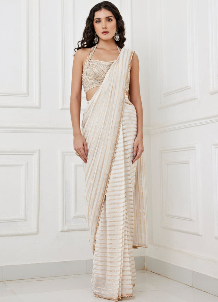 Ivory and Gold Predraped Saree Set Chamee and Palak - Fabilicious Fashion
