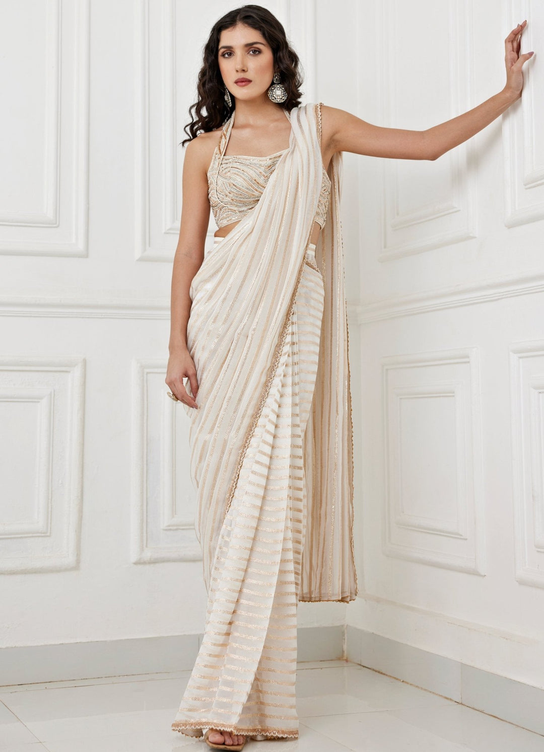 Ivory and Gold Predraped Saree Set Chamee and Palak - Fabilicious Fashion