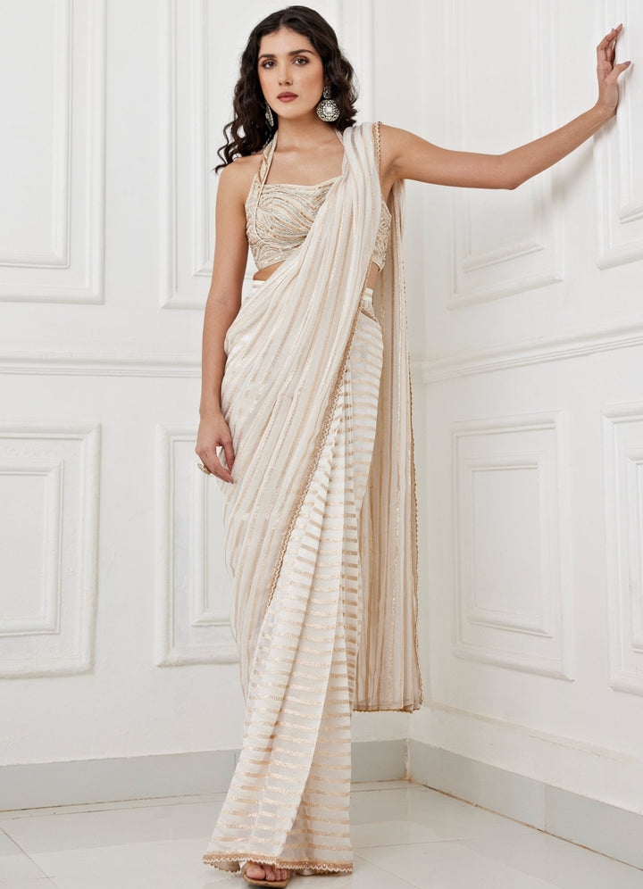 Ivory and Gold Predraped Saree Set Chamee and Palak - Fabilicious Fashion