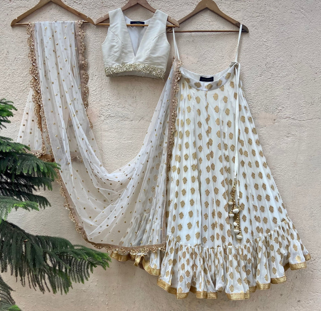Ivory and Gold Ruffle Lehenga Set Priti Sahni - Fabilicious Fashion