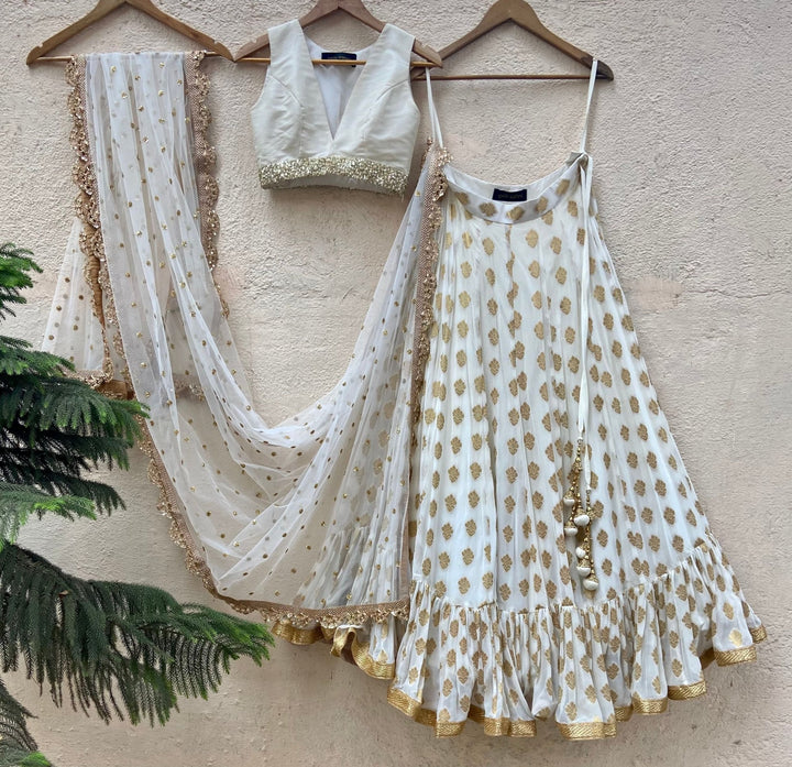 Ivory and Gold Ruffle Lehenga Set Priti Sahni - Fabilicious Fashion