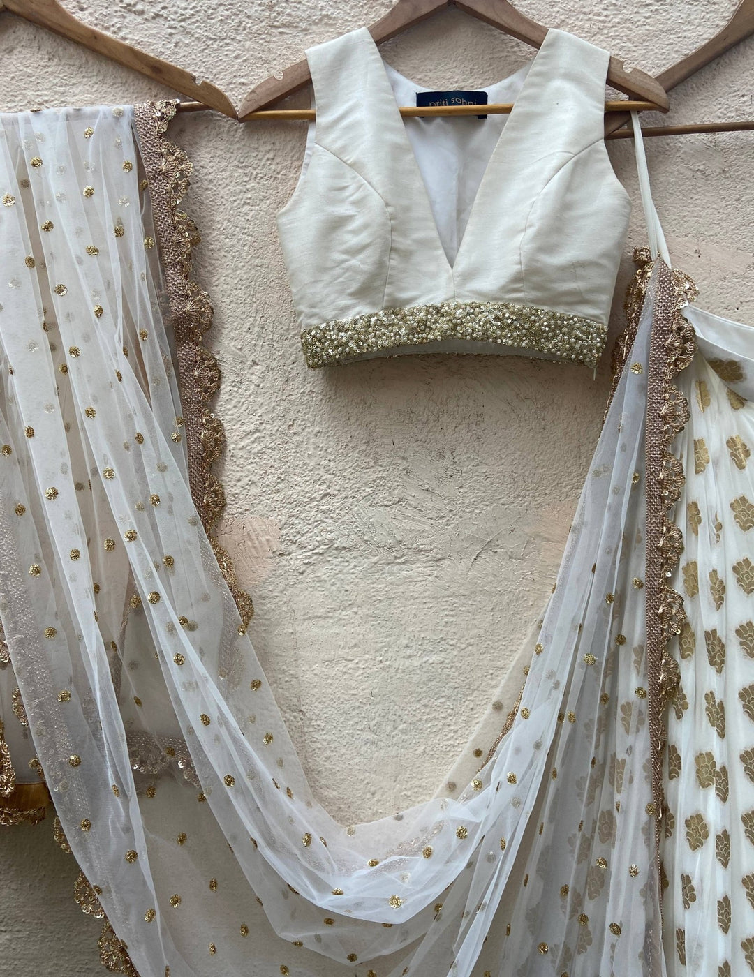 Ivory and Gold Ruffle Lehenga Set Priti Sahni - Fabilicious Fashion