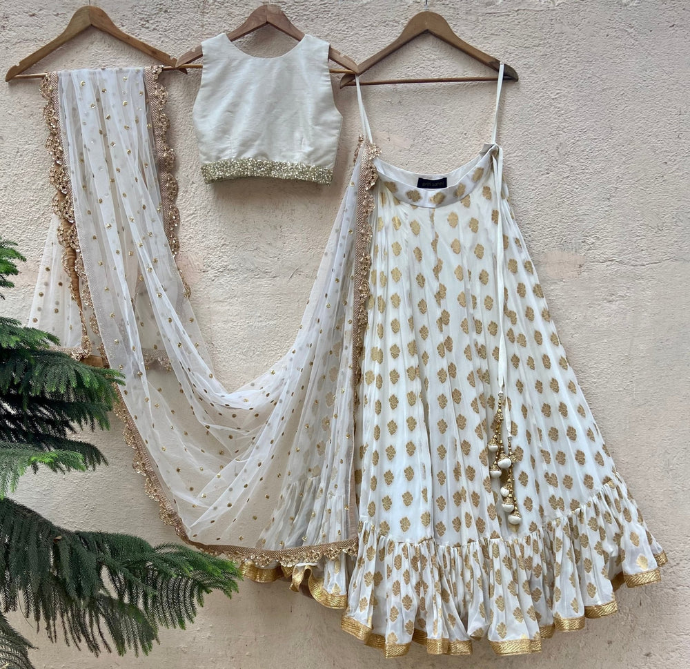 Ivory and Gold Ruffle Lehenga Set Priti Sahni - Fabilicious Fashion