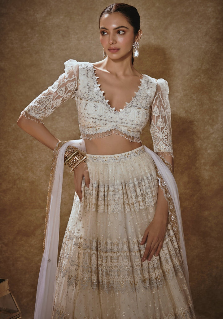 Ivory And Gold Thread Work Lehenga Set Renee Label - Fabilicious Fashion