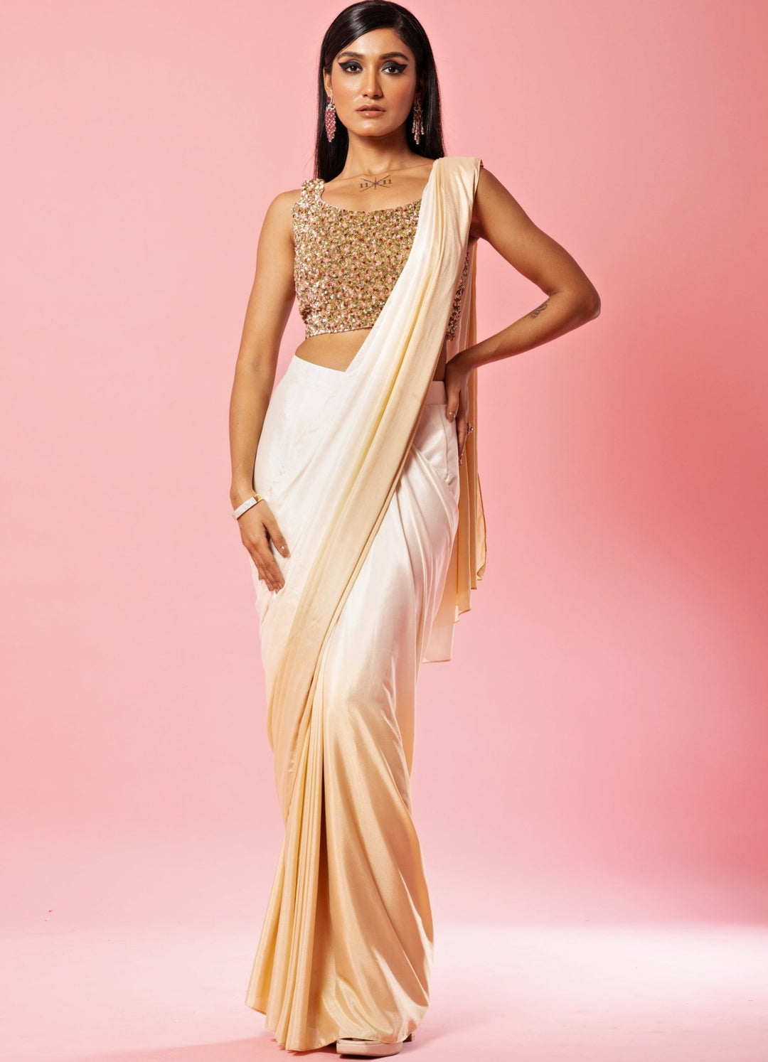 Ivory And Golden Ombre Pre Draped Saree Set QAT By Agni - Fabilicious Fashion