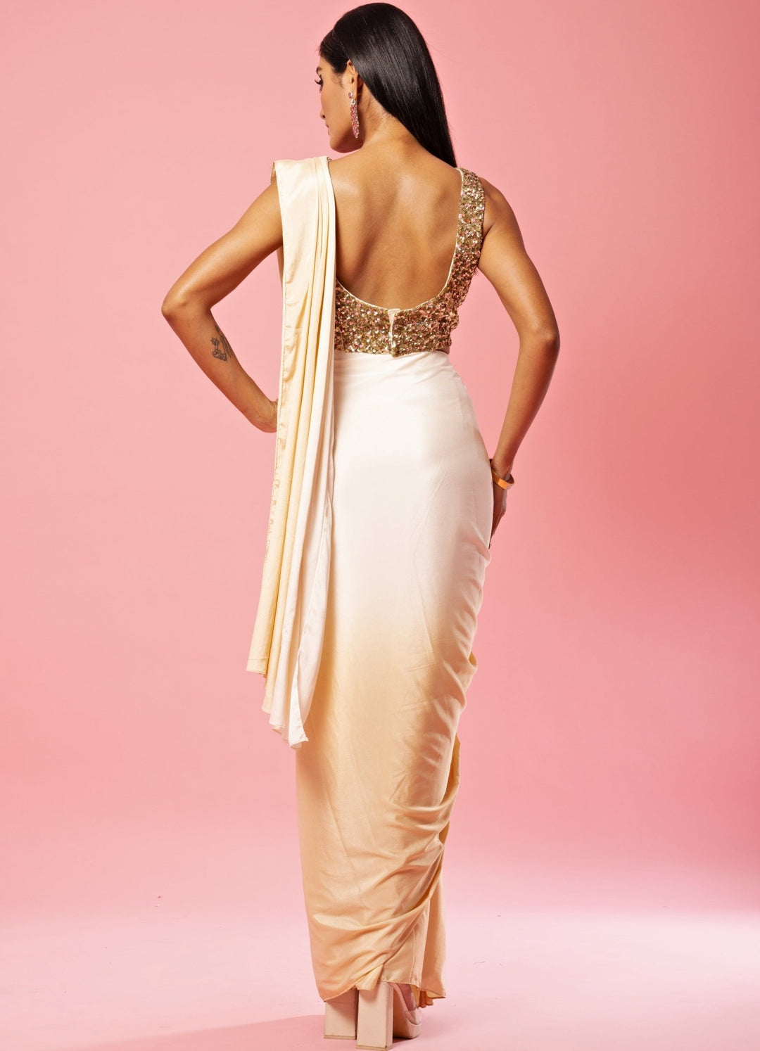 Ivory And Golden Ombre Pre Draped Saree Set QAT By Agni - Fabilicious Fashion