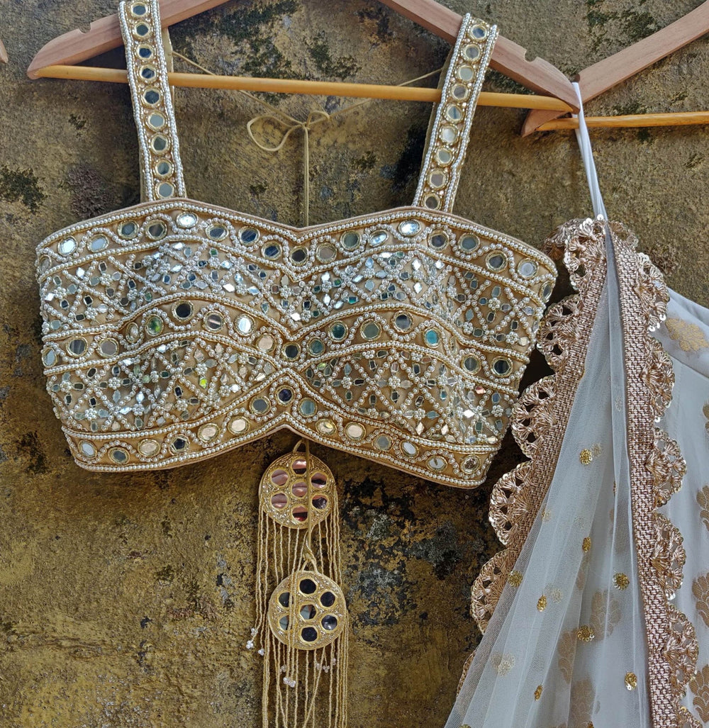 Ivory and Mirror Work Bustier Lehenga Set Priti Sahni - Fabilicious Fashion