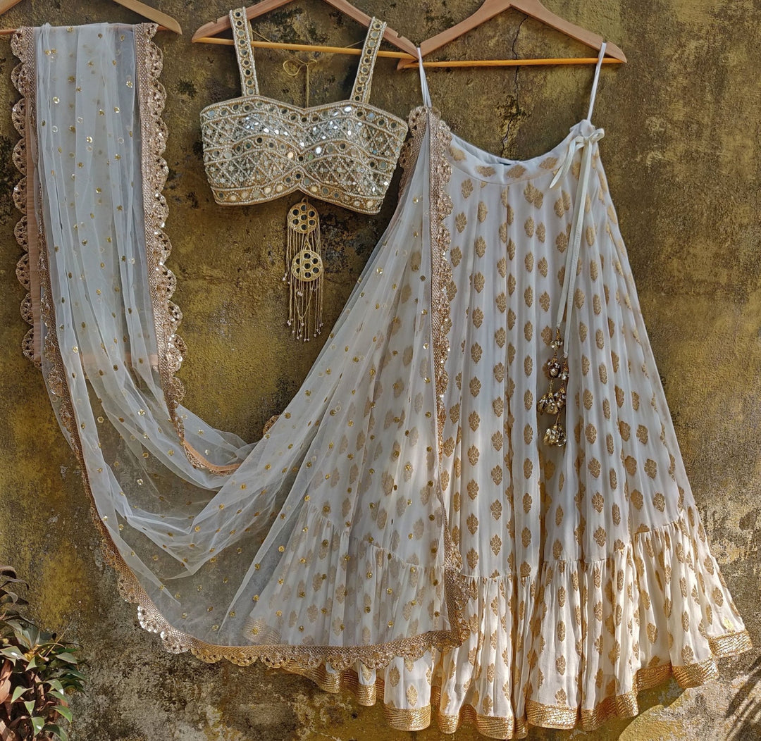 Ivory and Mirror Work Bustier Lehenga Set Priti Sahni - Fabilicious Fashion