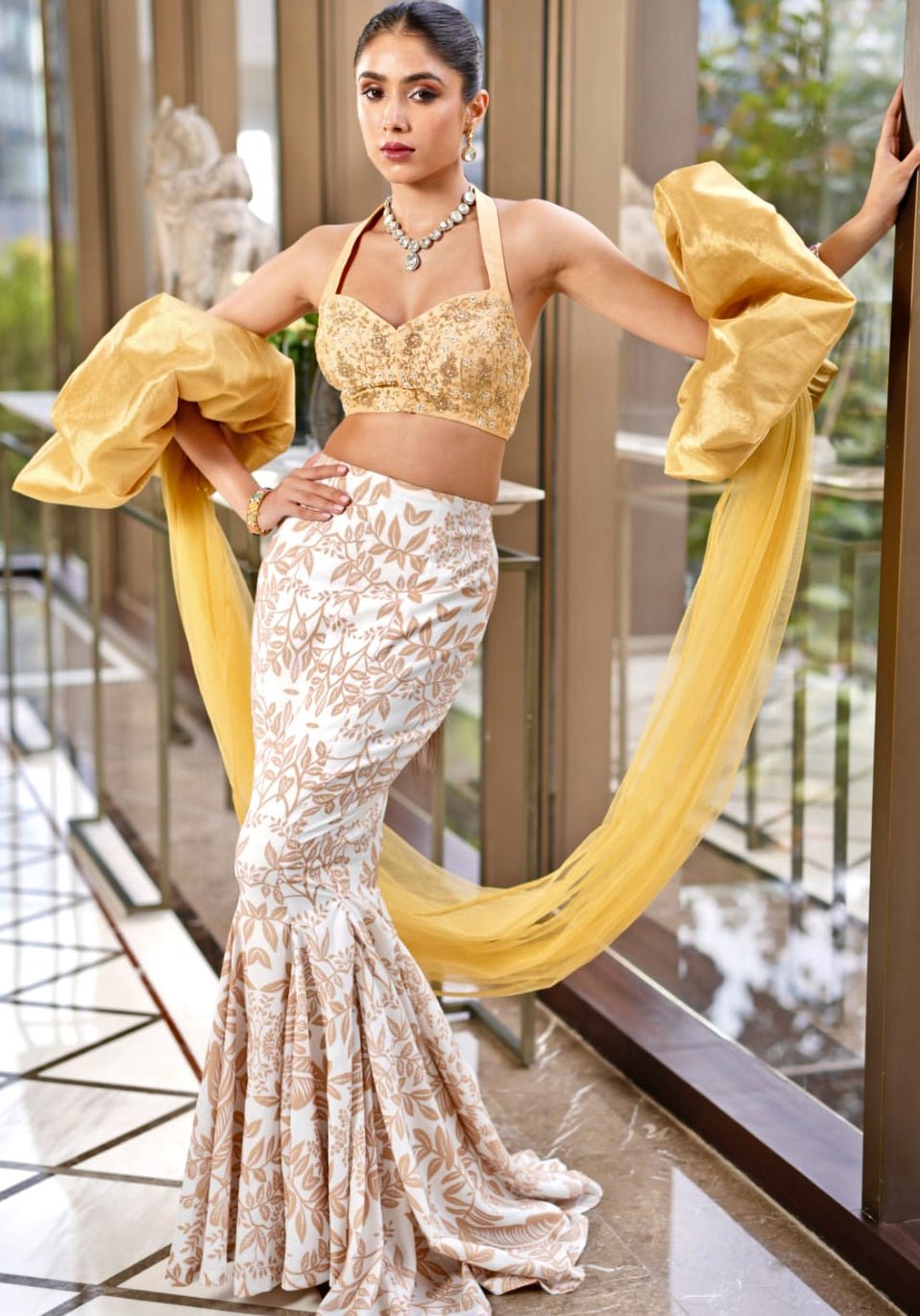 Ivory and Mustard Gold Mermaid Lehenga Set Rashika Sharma - Fabilicious Fashion