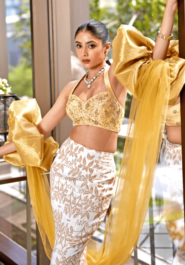Ivory and Mustard Gold Mermaid Lehenga Set Rashika Sharma - Fabilicious Fashion