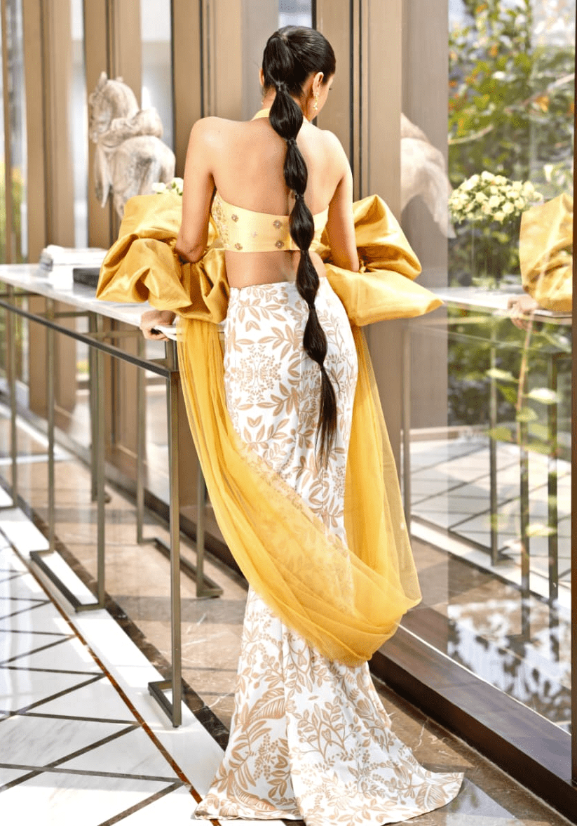 Ivory and Mustard Gold Mermaid Lehenga Set Rashika Sharma - Fabilicious Fashion