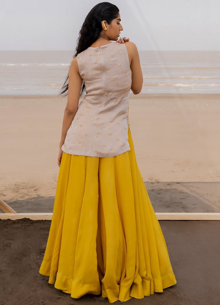 Ivory and Mustard Kalidar Palazzo With Embroidered Butti Dupatta Ease - Fabilicious Fashion