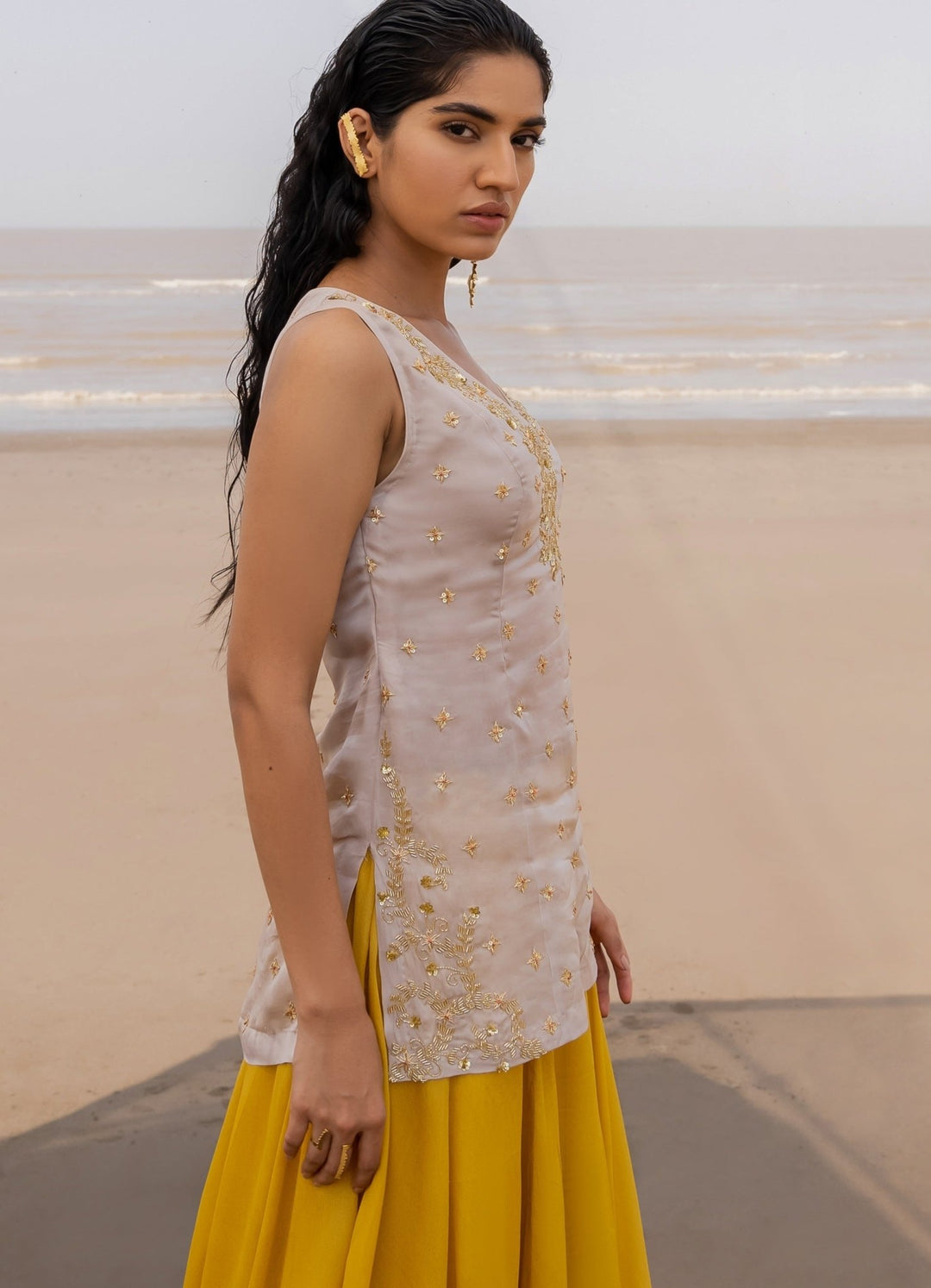 Ivory and Mustard Kalidar Palazzo With Embroidered Butti Dupatta Ease - Fabilicious Fashion