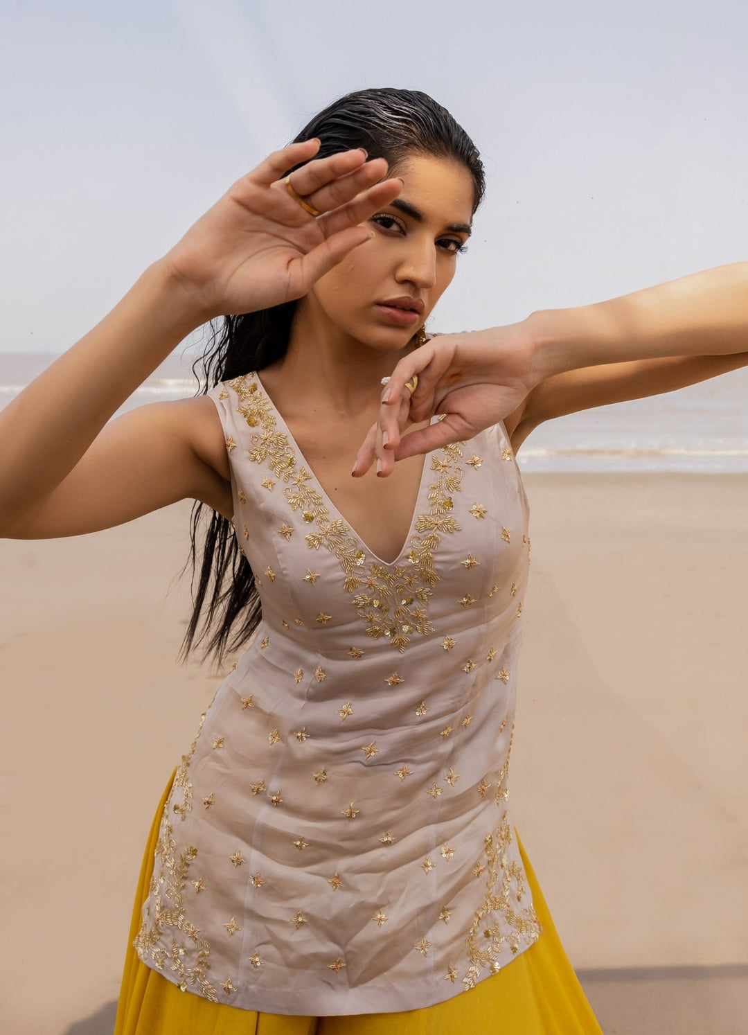 Ivory and Mustard Kalidar Palazzo With Embroidered Butti Dupatta Ease - Fabilicious Fashion