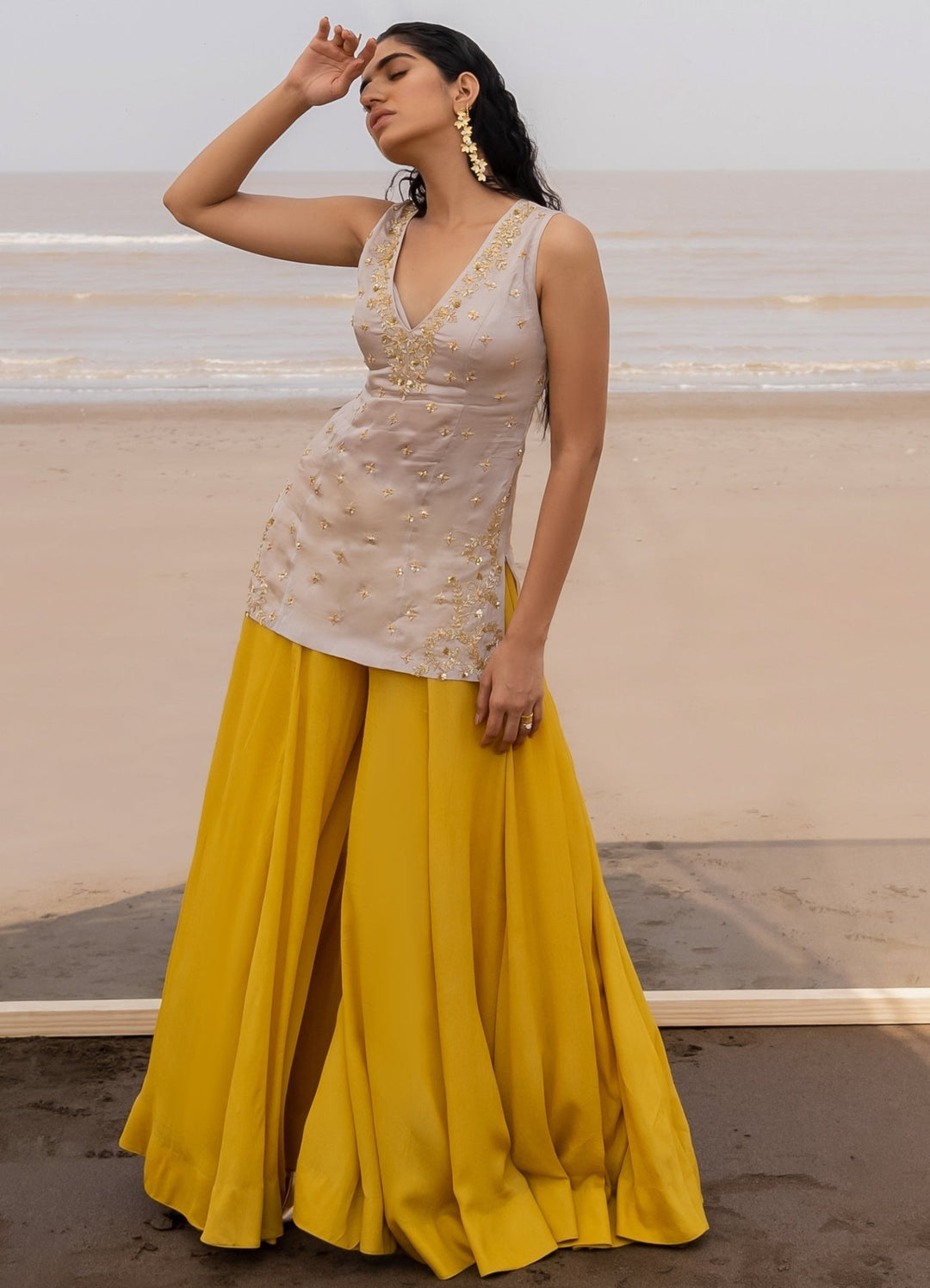 Ivory and Mustard Kalidar Palazzo With Embroidered Butti Dupatta Ease - Fabilicious Fashion