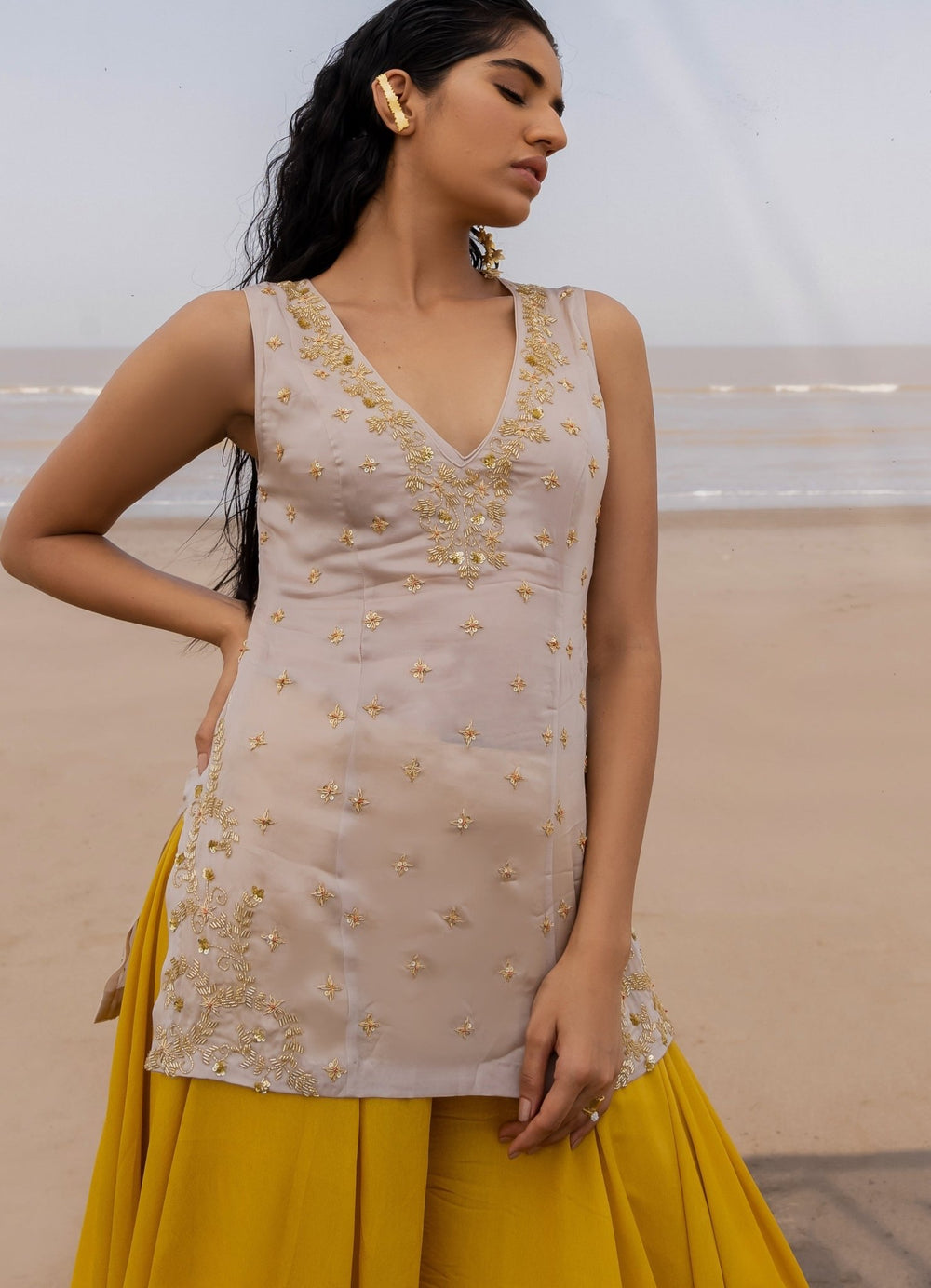 Ivory and Mustard Kalidar Palazzo With Embroidered Butti Dupatta Ease - Fabilicious Fashion