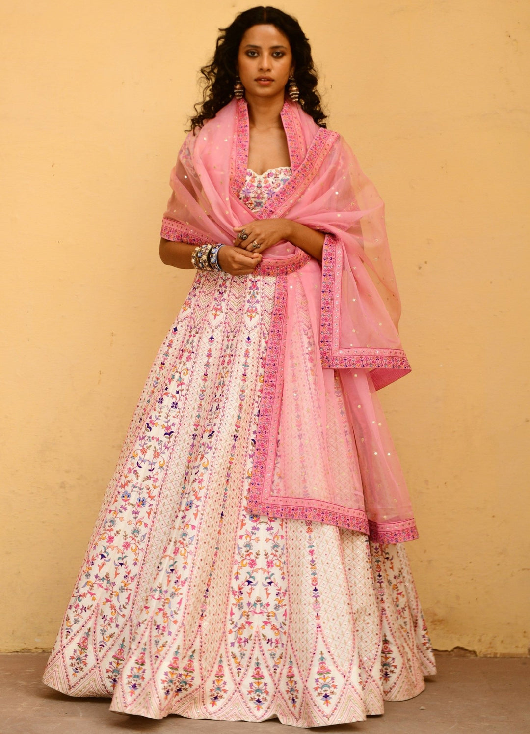 Chamee and Palak Ivory And Pink Kashmiri Thread Bridal Lehenga SetFabilicious Fashion