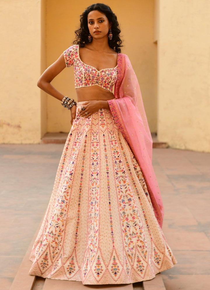 Chamee and Palak Ivory And Pink Kashmiri Thread Bridal Lehenga SetFabilicious Fashion