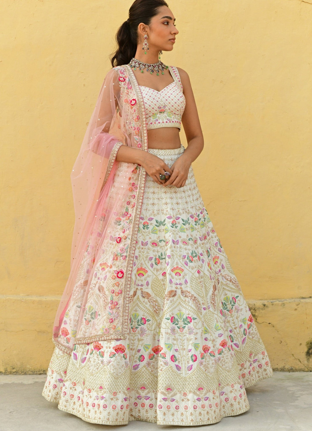 Ivory and Pink Peacock Motifs Embroidered Lehenga Set Chamee n Palak - Fabilicious Fashion
