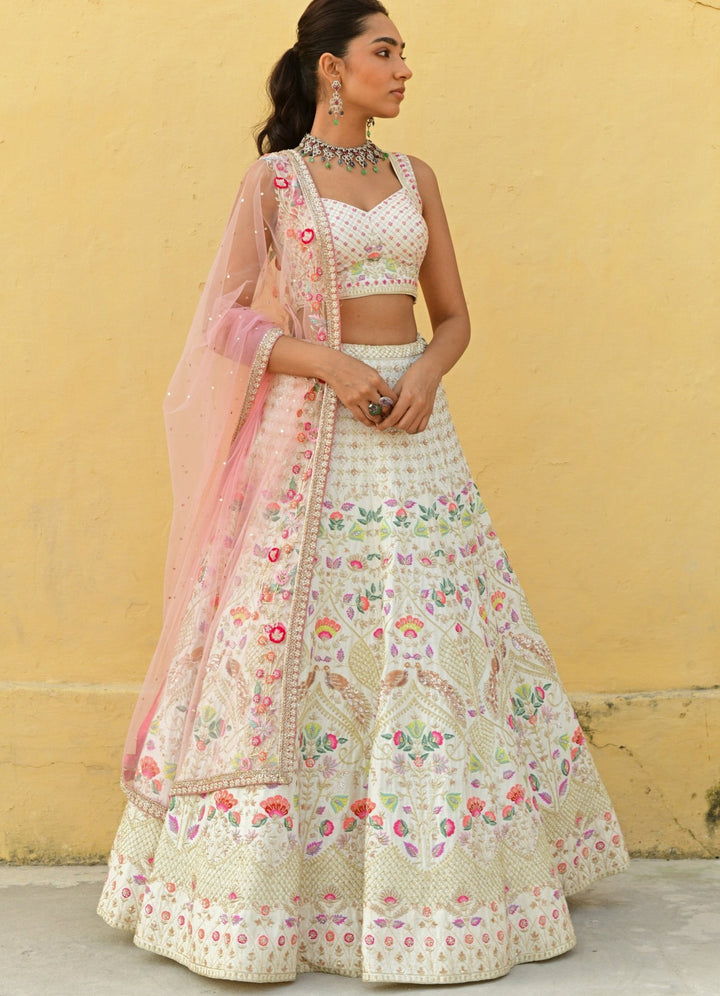 Ivory and Pink Peacock Motifs Embroidered Lehenga Set Chamee n Palak - Fabilicious Fashion