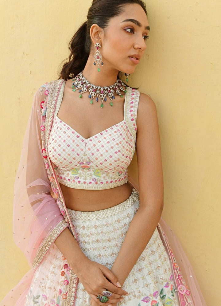 Ivory and Pink Peacock Motifs Embroidered Lehenga Set Chamee n Palak - Fabilicious Fashion
