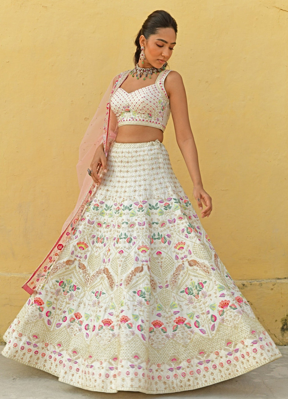 Ivory and Pink Peacock Motifs Embroidered Lehenga Set Chamee n Palak - Fabilicious Fashion