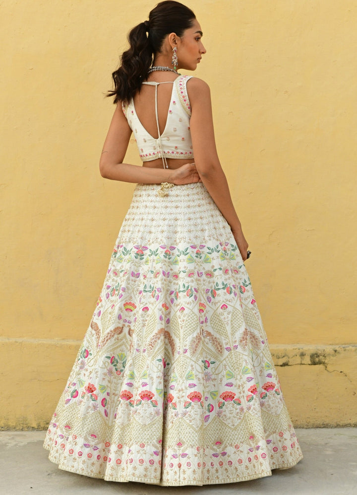 Ivory and Pink Peacock Motifs Embroidered Lehenga Set Chamee n Palak - Fabilicious Fashion