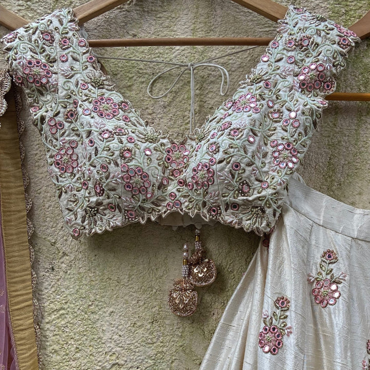 Ivory and pink thread and mirror work lehenga set Priti Sahni - Fabilicious Fashion