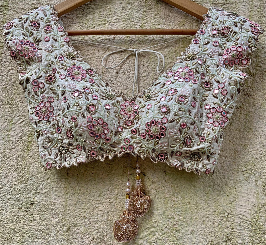 Ivory and pink thread and mirror work lehenga set Priti Sahni - Fabilicious Fashion