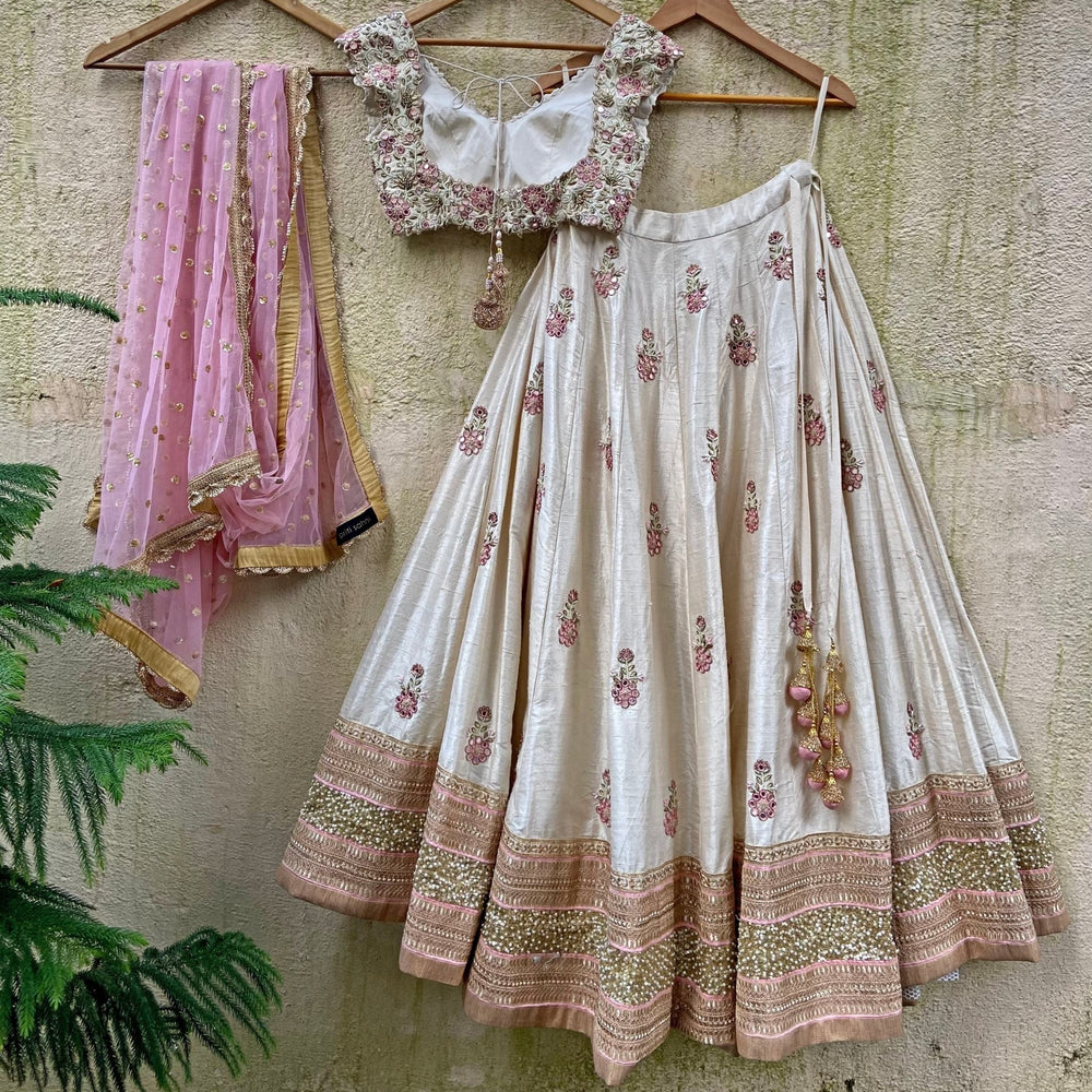 Ivory and pink thread and mirror work lehenga set Priti Sahni - Fabilicious Fashion